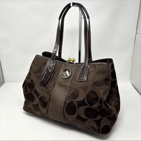 COACH H1173-F18036 Signature Satchel Purse Bag Brown Patent Leather Kisslock - Picture 1 of 15